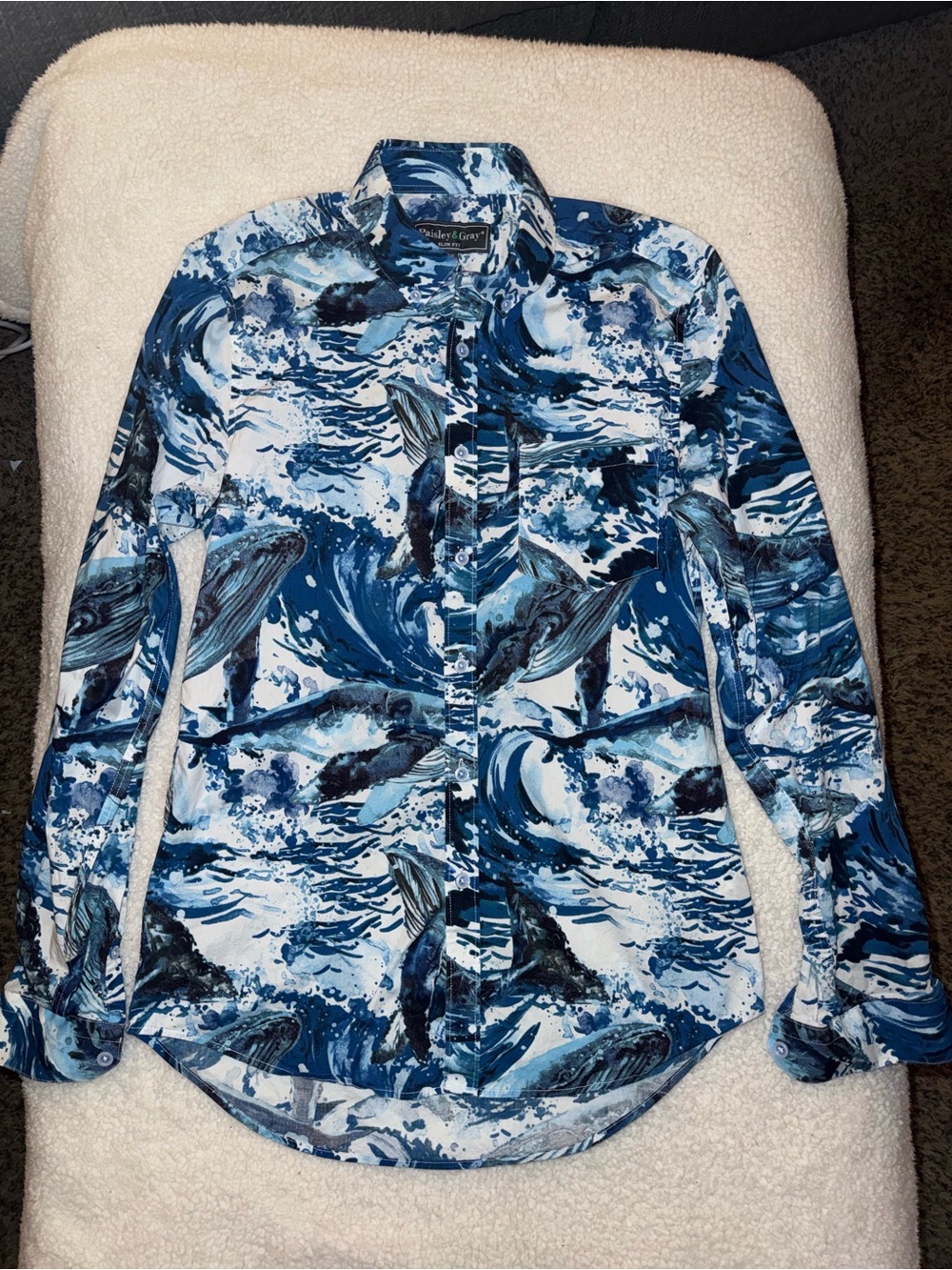 Paisley & Gray Whale Print Button Down Shirt Slim Fit Small Blue Coastal